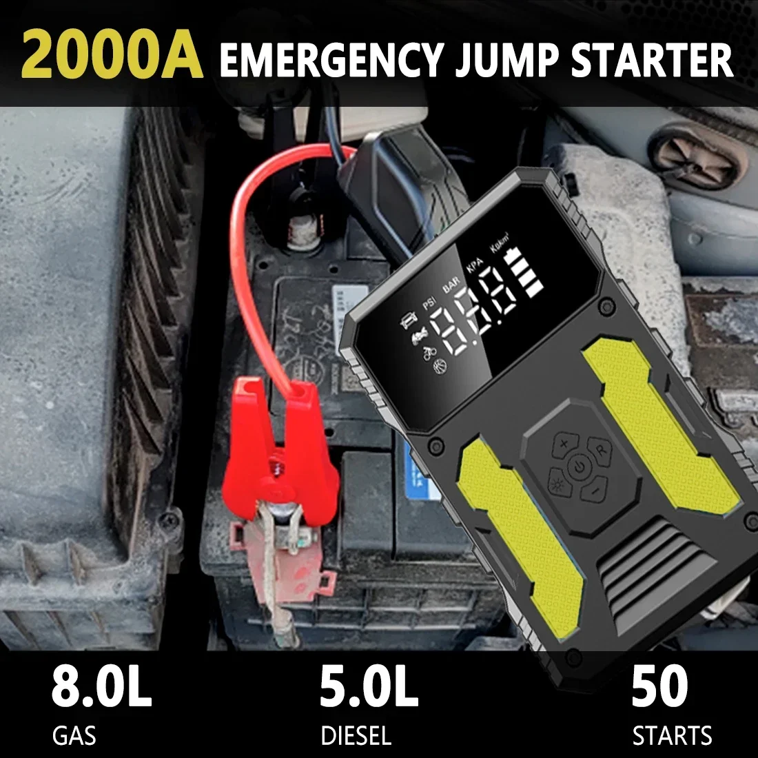 Auxiliar de arranque para automóvel com compressor de ar portátil 12V, bateria externa, bateria de lítio. - Image 3