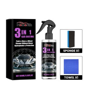 Spray 3 em 1 para revestimento automóvel, branqueamento da pintura, limpeza, descontaminação e polimento de pneus, bem como recauchutagem.
