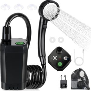 Kit de chuveiro portátil para uso no exterior, bomba de água recarregável de 6000mAh com visor para campismo e banho de animais de estimação.