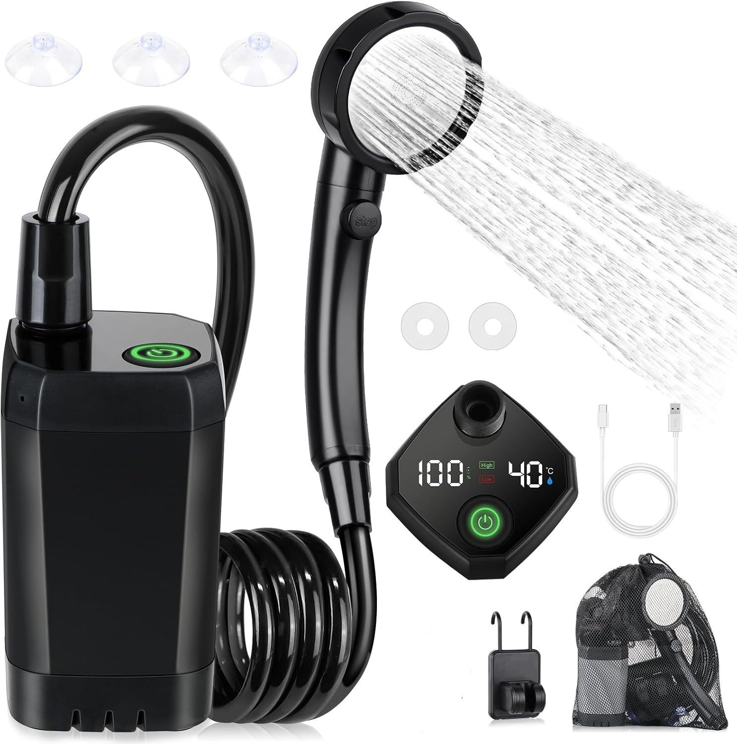Kit de chuveiro portátil para uso no exterior, bomba de água recarregável de 6000mAh com visor para campismo e banho de animais de estimação.