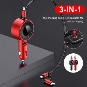 Carregador de isqueiro 3 em 1 com adaptador para telemóvel, compatível com iOS/Android e USB Type-C, cabo retrátil e carregamento rápido de 4.2A para