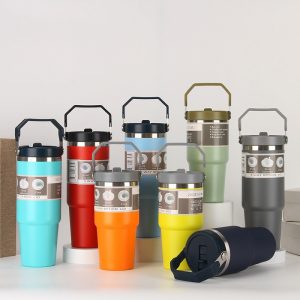 Copo portátil para automóvel, copo em aço inoxidável, garrafa de água desportiva para viagens com pega e tampa, copo térmico para café.