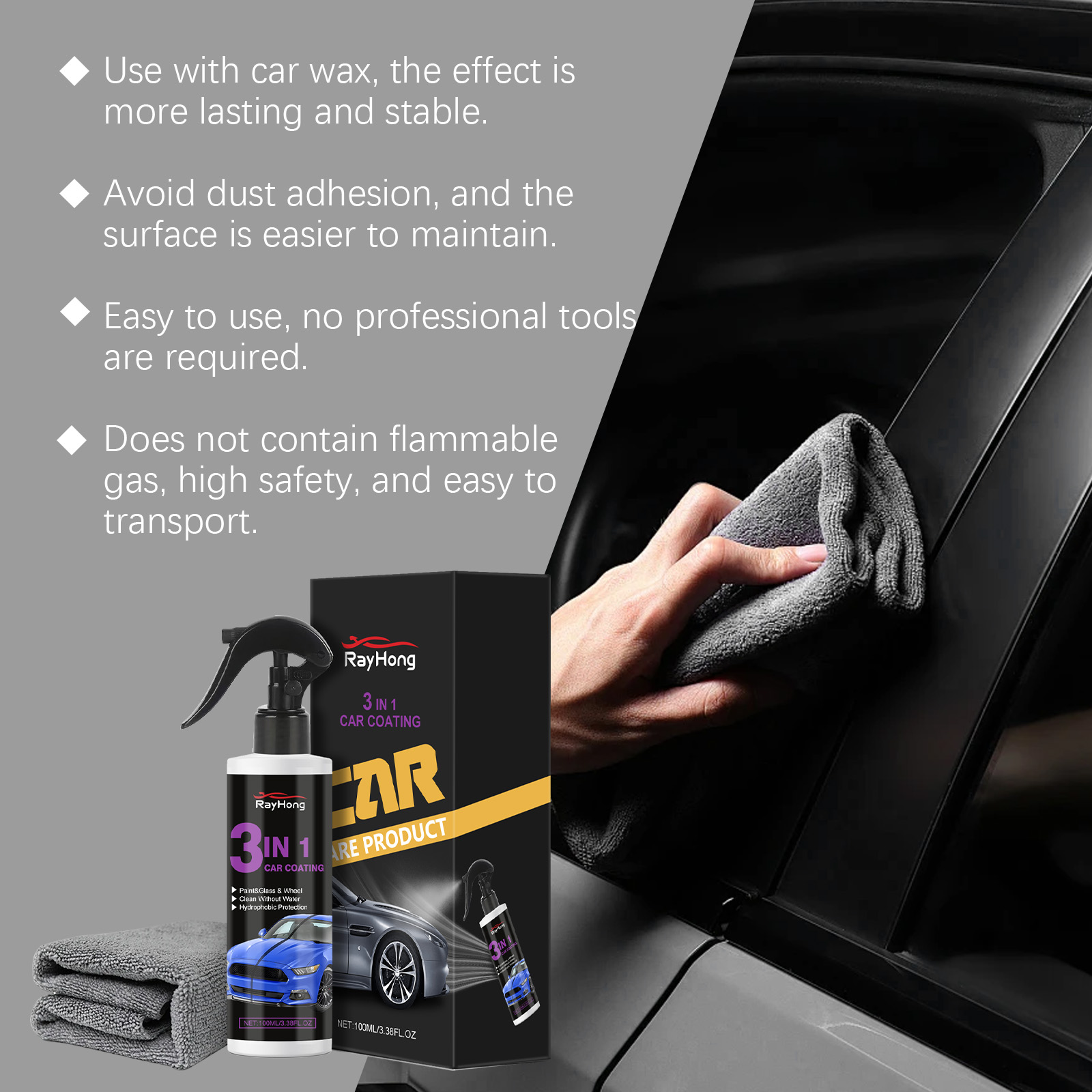Spray de tinta automóvel 3 em 1 Rayhong: para clarear, proteger contra o pó e as manchas, além de realizar a manutenção e o polimento de superfícies a - Image 3