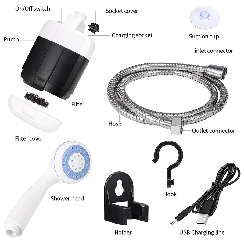 Bomba de duche portátil recarregável via USB | Kit de banho para campismo | Equipamento para lavar carros e animais de estimação - Image 6