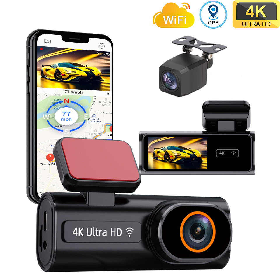 Gravador de vídeo para veículos (DVR) de 1,97 polegadas com internet móvel via Wi-Fi, gravação dupla em 4K de alta definição e modo estacionamento.