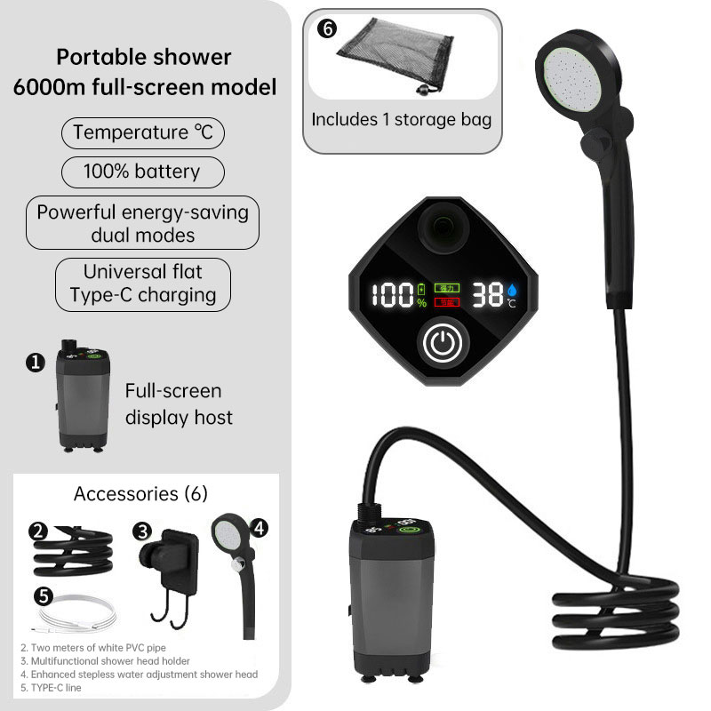 Kit de chuveiro portátil para uso no exterior, bomba de água recarregável de 6000mAh com visor para campismo e banho de animais de estimação. - Image 2