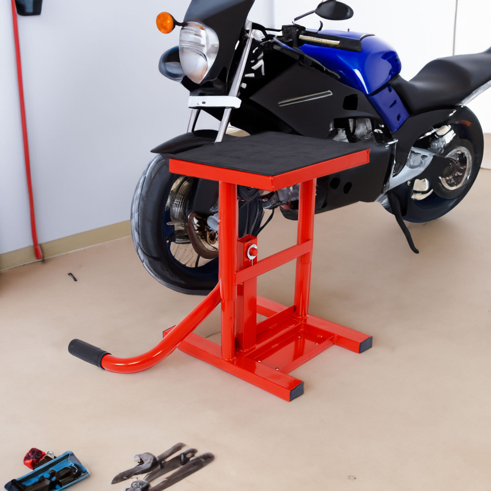 Suportes e elevadores para motos todo-o-terreno, macaco de aço com altura ajustável de 11" a 16,5", capacidade de carga de 330 libras, aço reforçado.