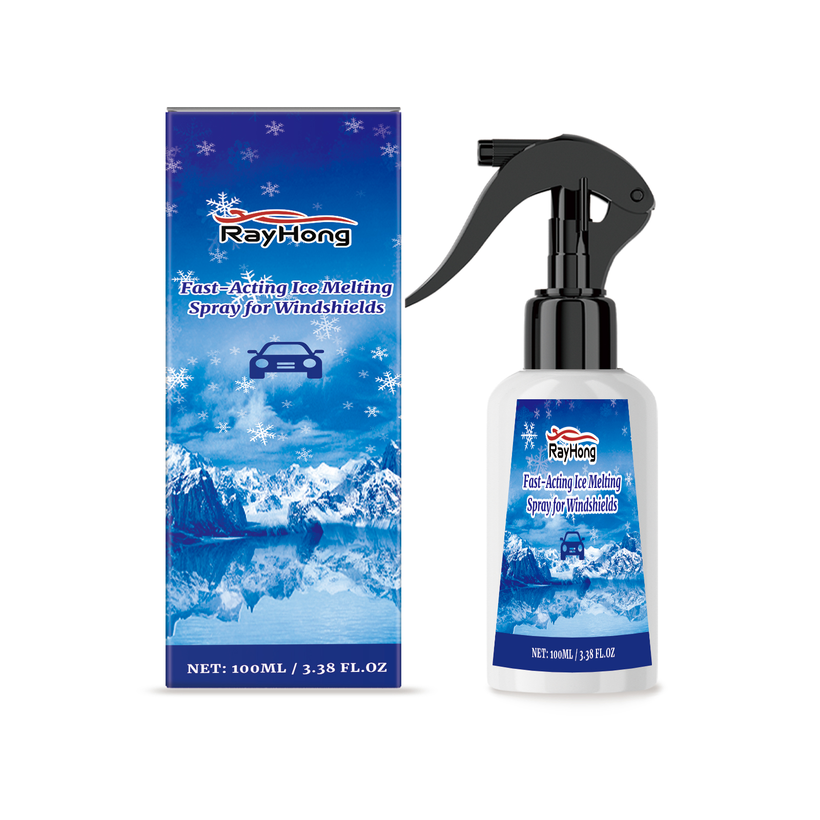 Spray para desembaciar e derreter rapidamente a neve do para-brisas do carro