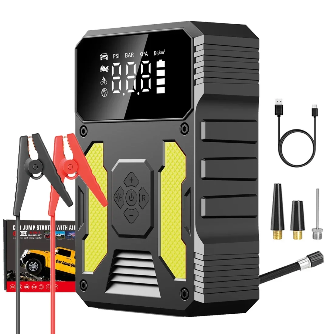 Auxiliar de arranque para automóvel com compressor de ar portátil 12V, bateria externa, bateria de lítio.
