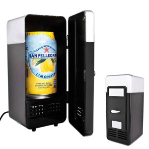 Novo Mini Frigorífico 2 em 1 para Mesa com Entrada USB, Frigorífico e Aquecedor de Latas de Bebidas com Luz LED Interior, Ideal para Utilização em Aut
