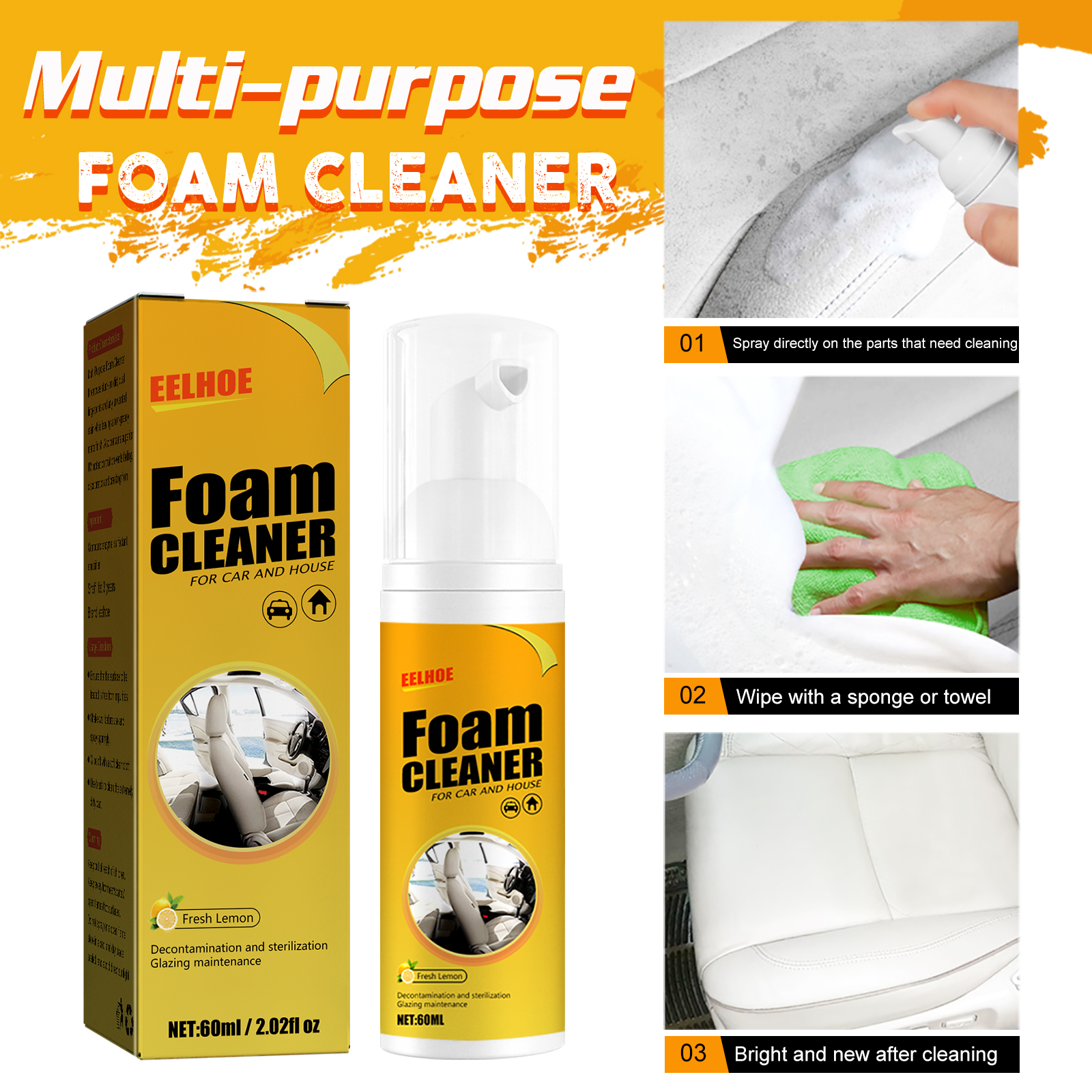 Produto de limpeza de espuma para volante automóvel, desinfetante multifuncional para interiores de bancos em pele e estofos. - Image 5