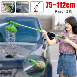 Luva de lavagem de automóveis 2 em 1 com cabo longo em microfibra de chenille, escova de limpeza de pó e haste extensível de 75 a 112 cm para remoção